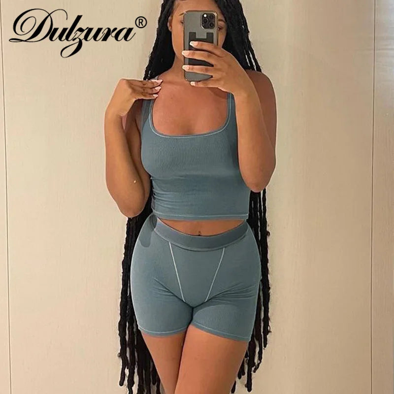 JazzHer Ribbed Knitted Women 2 Pieces Crop Top Tanks Biker Shorts Set Patchwork Tracksuit Streetwear Sporty 2024 Summer Outfit