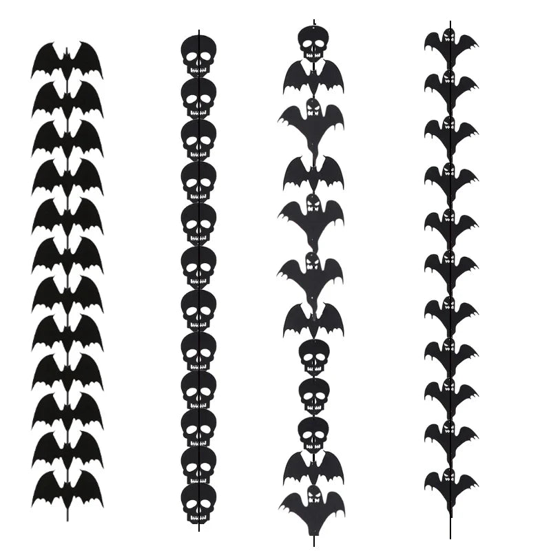 JazzHer 12pcs/string Halloween Decoration Non-woven Bat Skull Ghost String Black Hanging Ornament Scary Horror Halloween Garland Decor