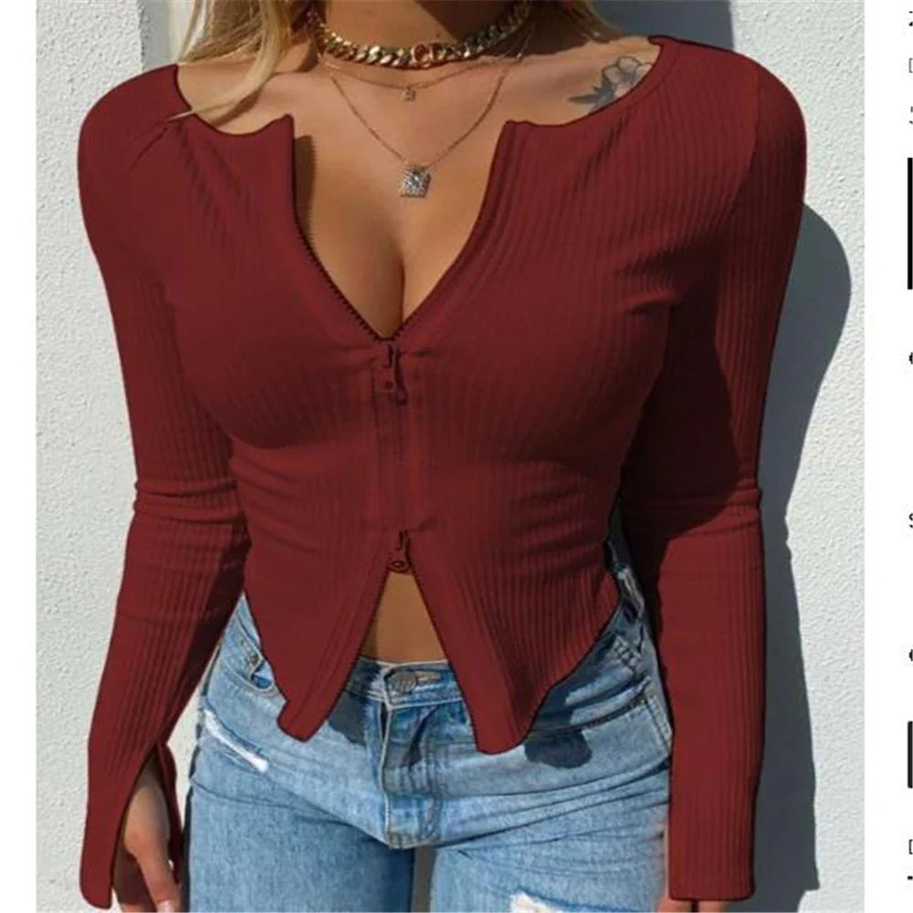 JazzHer Chic Women Double Zipper Up Rib Knitted T-shirt Spring Autumn Long Sleeve Slim Fit Basic Tees 90s Vintage Elegant Crop Tops