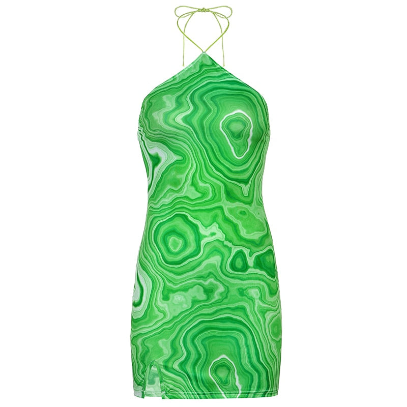 JazzHer Wave Print Sexy Backless Halter Dress Women Party Summer Sleeveless Short Dress Elegant 90S Fashion Streetwear