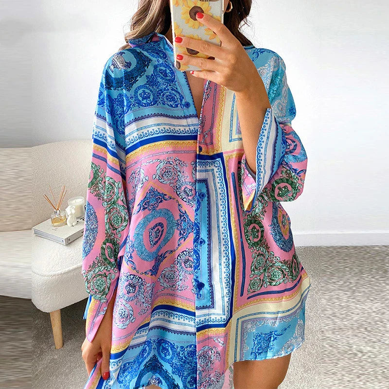 JazzHer Vintage Graphic Print Shirt Dress Sexy Women V Neck Long Sleeve Blue Green Loose Beach Syle Party Casual Mini Dresses Autumn