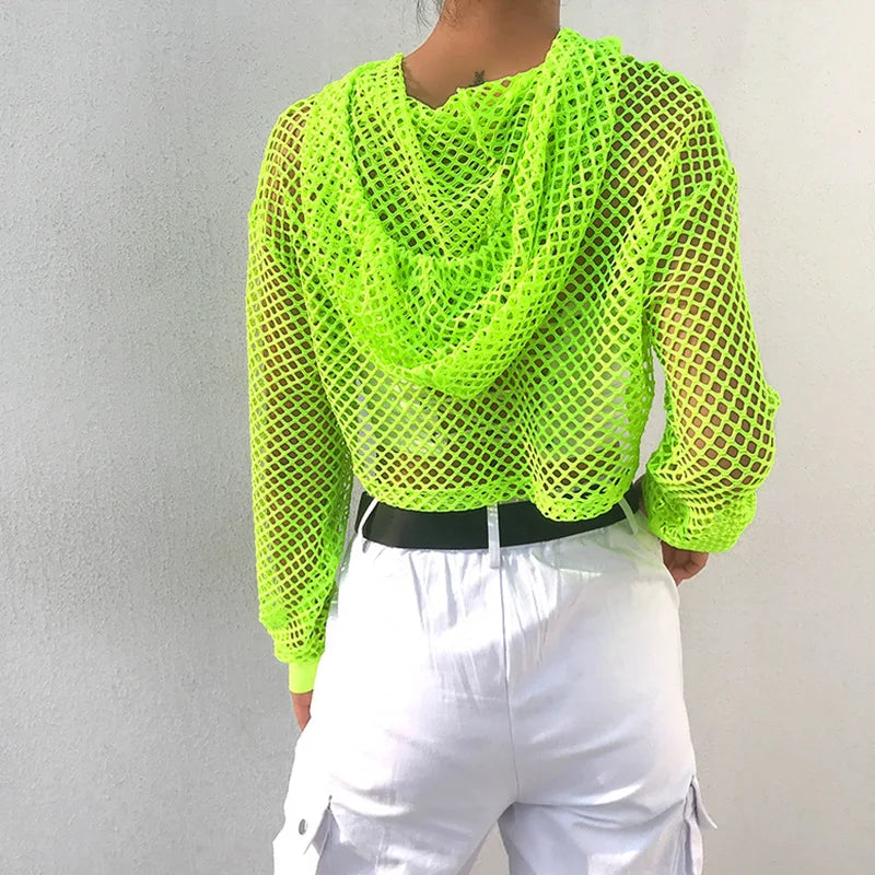 JazzHer Neon Color Long Sleeve Short Mesh Hoodies Sexy Fishnet Cover Up Crop Tops Women Fashion Hollow Out Smocks for Lady Sporty Beach