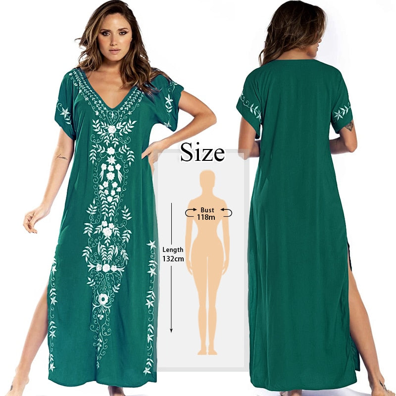 JazzHer 2024 Indie Folk Embroidered V-Neck Short Sleeve Summer Beach Straight Dress Sexy Tunic Women Beachwear Swimsuit Cover-Ups Q790