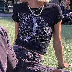 JazzHer 90S Vintage Skeleton T-Shirt Y2K Aesthetic Gothic Harajuku Grunge Graphic Print Crop Top Punk Streetwear Women Summer Sweat Tee