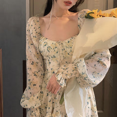 JazzHer  Summer Sweet Floral Dress Women Elegant Mini Dress Bandage Beach One Piece Dress Korean Vintage Office Lady Long Sleeve D3