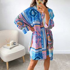 JazzHer Vintage Graphic Print Shirt Dress Sexy Women V Neck Long Sleeve Blue Green Loose Beach Syle Party Casual Mini Dresses Autumn