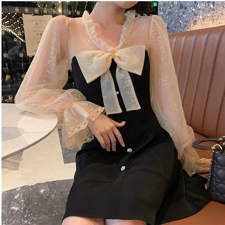 JazzHer Vintage Elegant Mini Party Dress for Women Casual Lace Long Sleeve Dresses Bow Sexy One Piece Dress Korean Black Summer  New