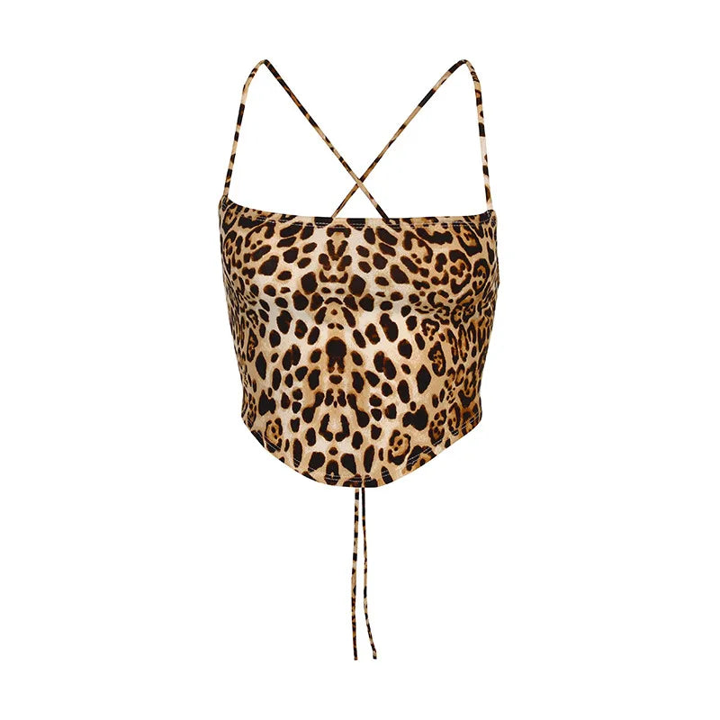 JazzHer-Sexy Tanks Crop Top Women Leopard Backless Bandage Lace-up Summer Sling Open Back Camisoles Vest  fashion streetwear