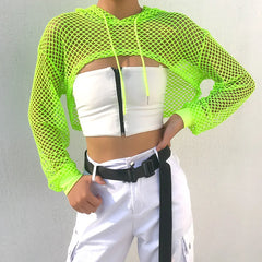 JazzHer Neon Color Long Sleeve Short Mesh Hoodies Sexy Fishnet Cover Up Crop Tops Women Fashion Hollow Out Smocks for Lady Sporty Beach