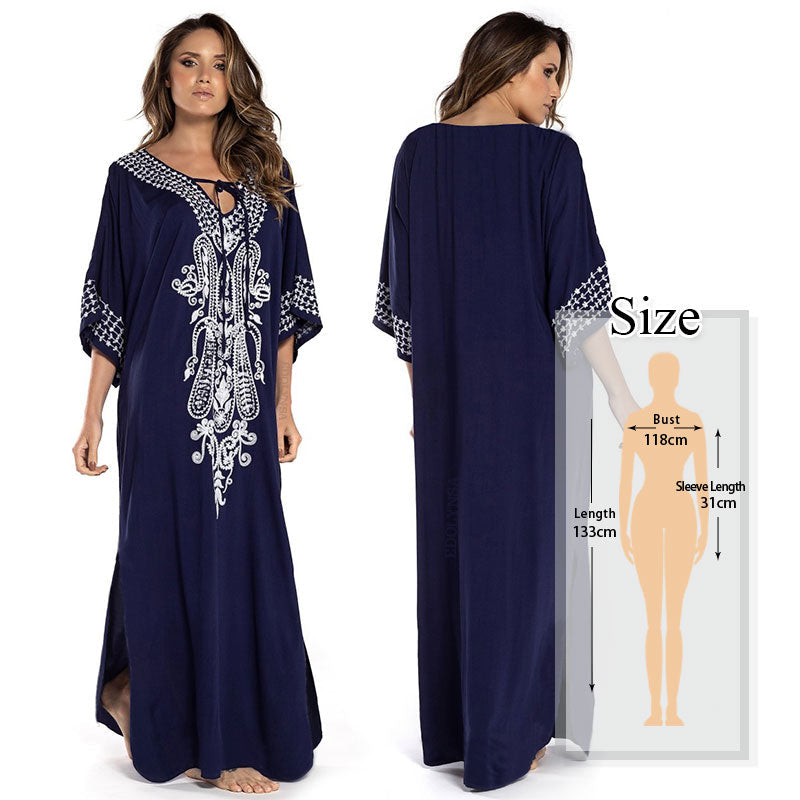 JazzHer 2024 Indie Folk Embroidered V-Neck Short Sleeve Summer Beach Straight Dress Sexy Tunic Women Beachwear Swimsuit Cover-Ups Q790