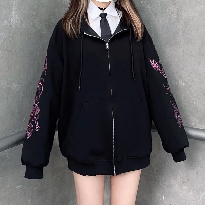 JazzHer 2024 Fall Fashion Black Sweatshirt Zip-up Long Sleeve Oversize Hoodies Autumn Winter Coat Women Gothic Print Jackets Female Grunge Clothes