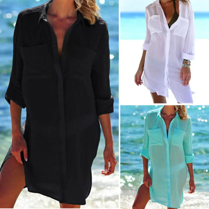 JazzHer Womens Long Sleeve Shirt Pockets Long Tops Beachwear Swimwear Bikini Beach Wear Cover Up Button Ladies Summer Clothes