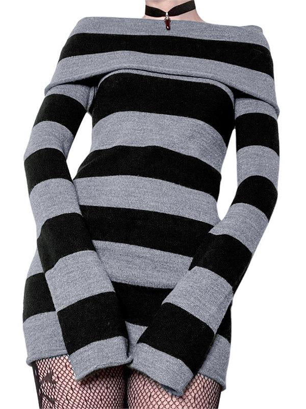 JazzHer Knitted Off-Shoulder Long Sleeve Striped Mini Dress