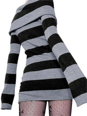 JazzHer Knitted Off-Shoulder Long Sleeve Striped Mini Dress