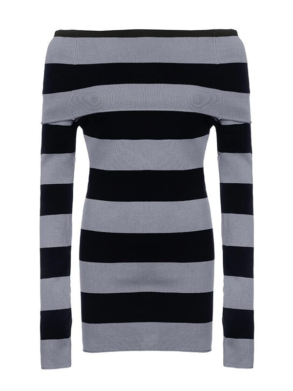 JazzHer Knitted Off-Shoulder Long Sleeve Striped Mini Dress