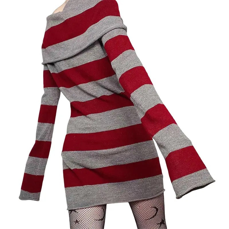JazzHer Knitted Off-Shoulder Long Sleeve Striped Mini Dress