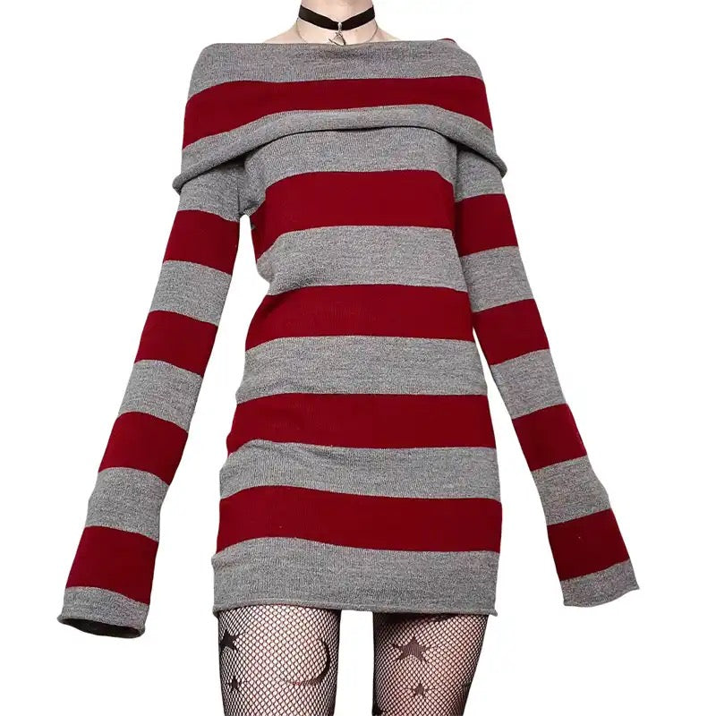 JazzHer Knitted Off-Shoulder Long Sleeve Striped Mini Dress