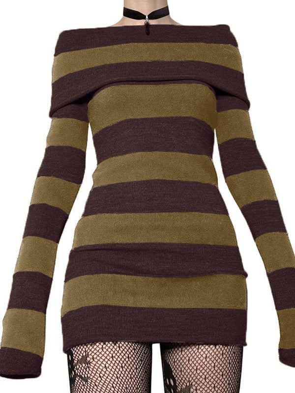 JazzHer Knitted Off-Shoulder Long Sleeve Striped Mini Dress