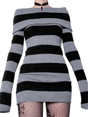 JazzHer Knitted Off-Shoulder Long Sleeve Striped Mini Dress