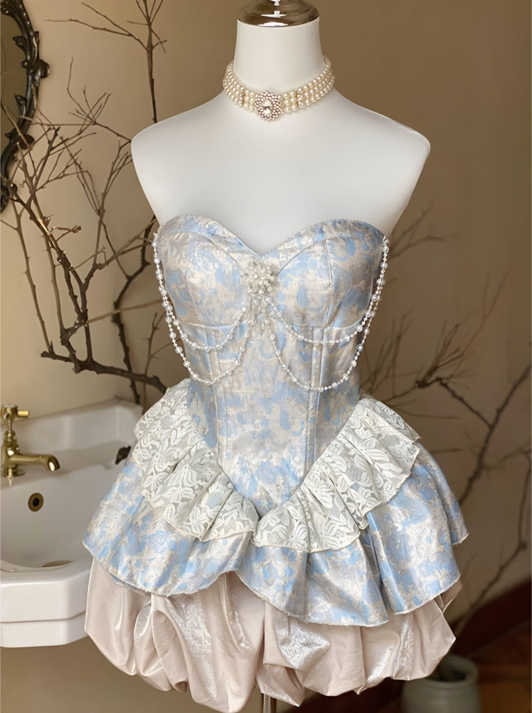 JazzHer Lolita Pearl Chain Layered Tube Mini Dress