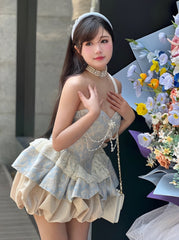 JazzHer Lolita Pearl Chain Layered Tube Mini Dress