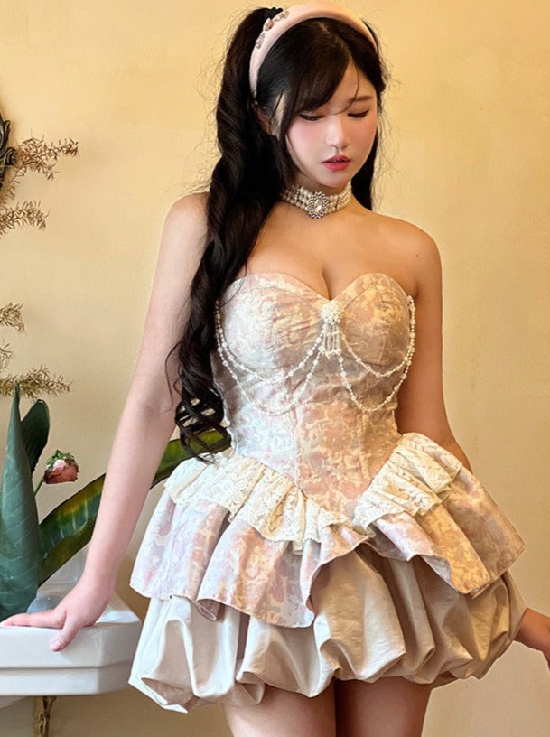JazzHer Lolita Pearl Chain Layered Tube Mini Dress