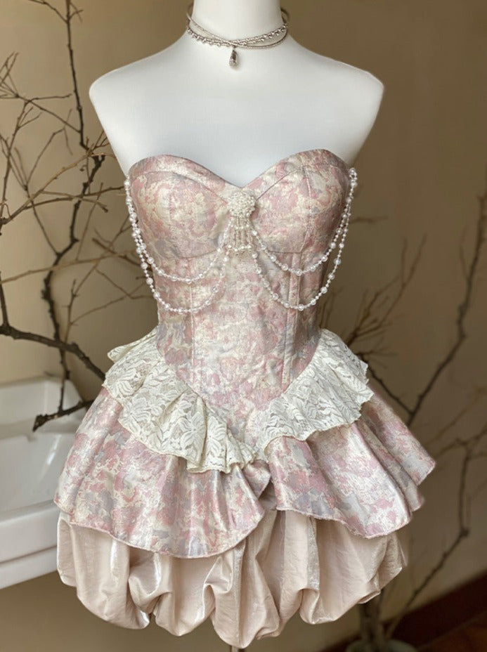 JazzHer Lolita Pearl Chain Layered Tube Mini Dress