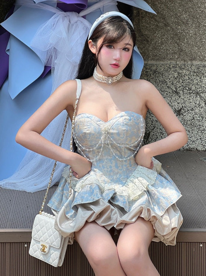 JazzHer Lolita Pearl Chain Layered Tube Mini Dress
