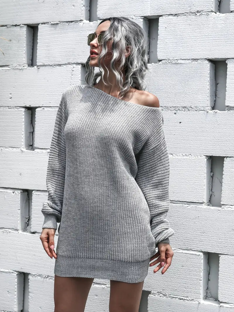 JazzHer Loose Round Neck Solid Sweater Dress