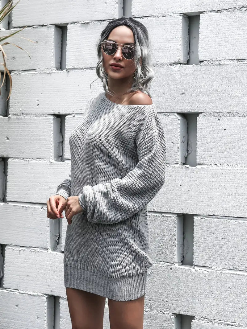 JazzHer Loose Round Neck Solid Sweater Dress