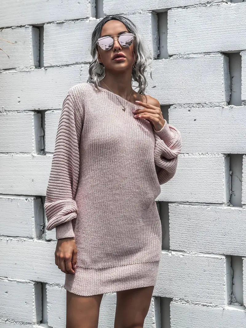 JazzHer Loose Round Neck Solid Sweater Dress