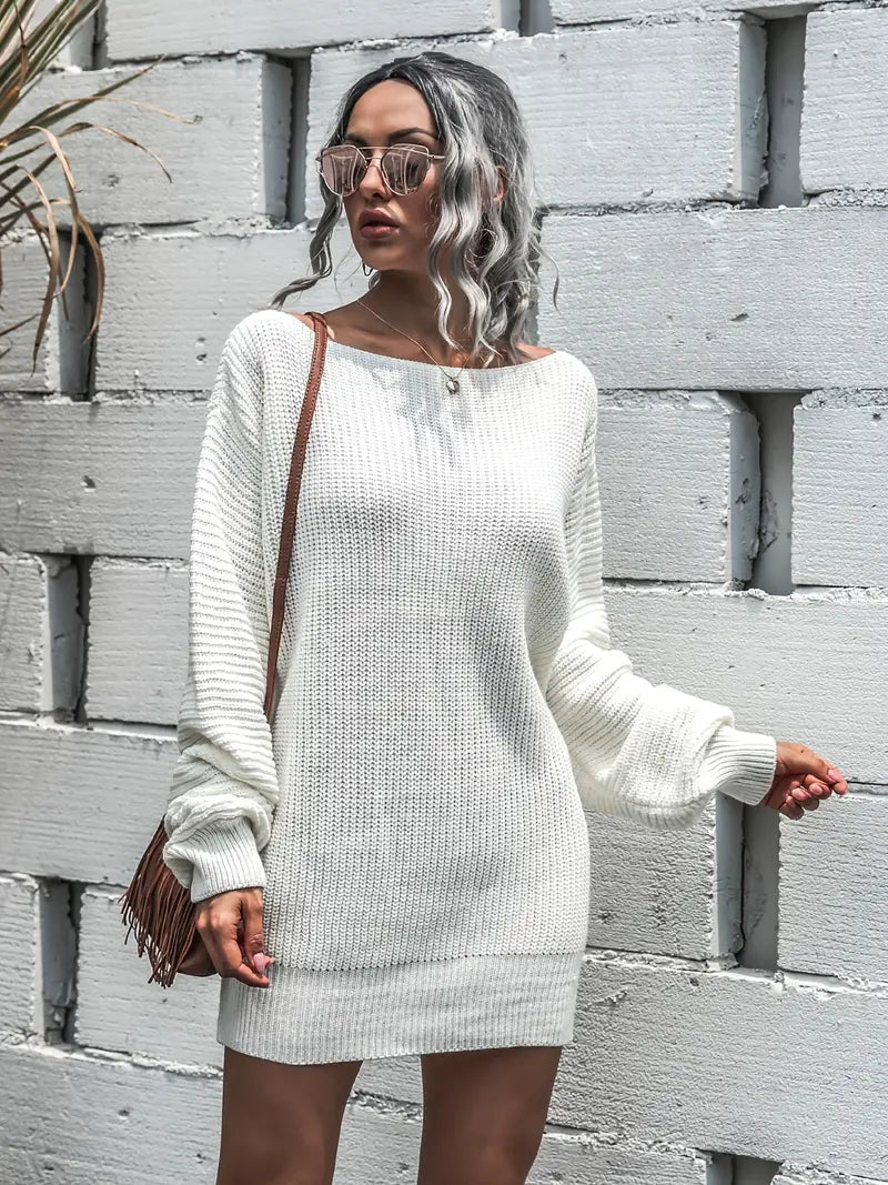 JazzHer Loose Round Neck Solid Sweater Dress