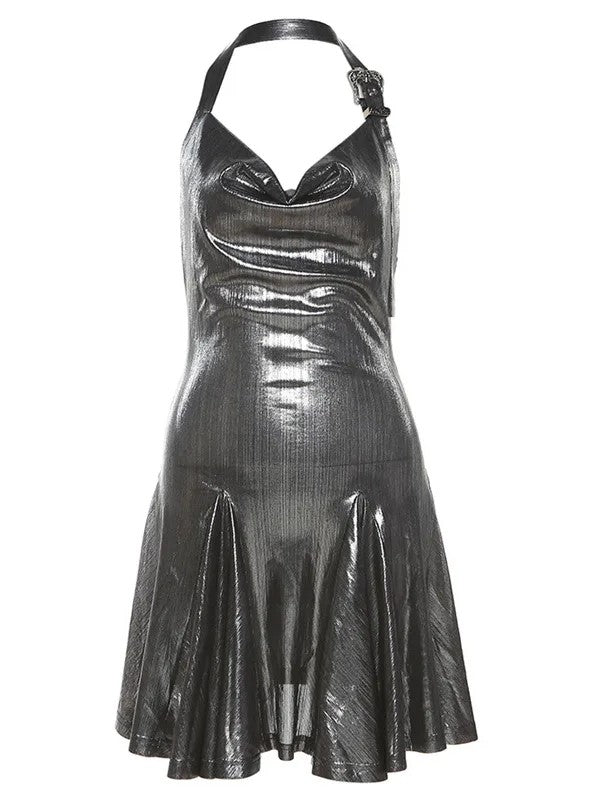 JazzHer Metallic Cowl Halter Neck Pleated Mini Dress