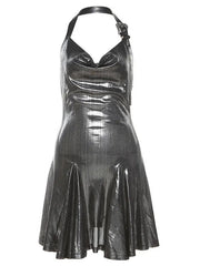 JazzHer Metallic Cowl Halter Neck Pleated Mini Dress