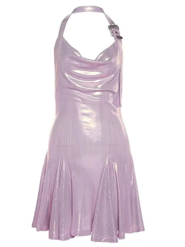JazzHer Metallic Cowl Halter Neck Pleated Mini Dress
