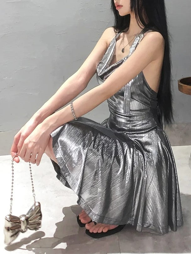 JazzHer Metallic Cowl Halter Neck Pleated Mini Dress