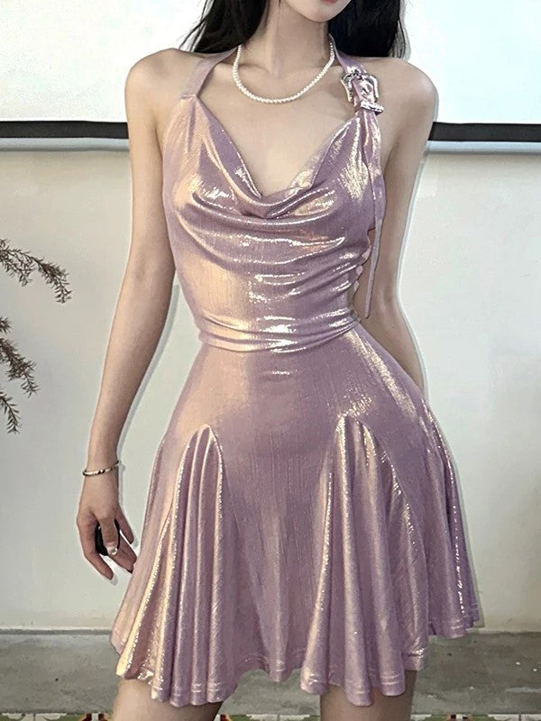 JazzHer Metallic Cowl Halter Neck Pleated Mini Dress