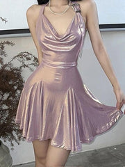JazzHer Metallic Cowl Halter Neck Pleated Mini Dress