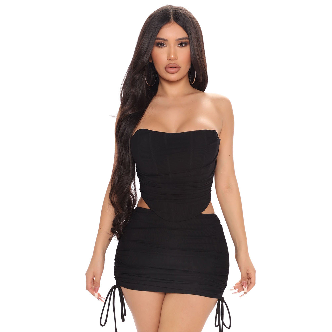 birthday outfits Women's Clothing New Fashion Tube Top Mesh Double-Layer Stitching Pleated Sexy Two-Piece Set