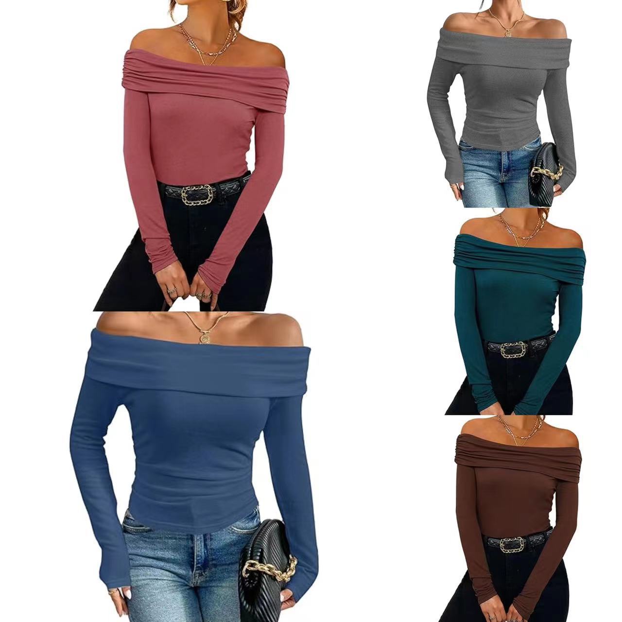 leapord halloween outfit Modal Fabric Women's Sexy off-the-Shoulder Top T-shirt Slim-Fit Long Sleeve Bottoming