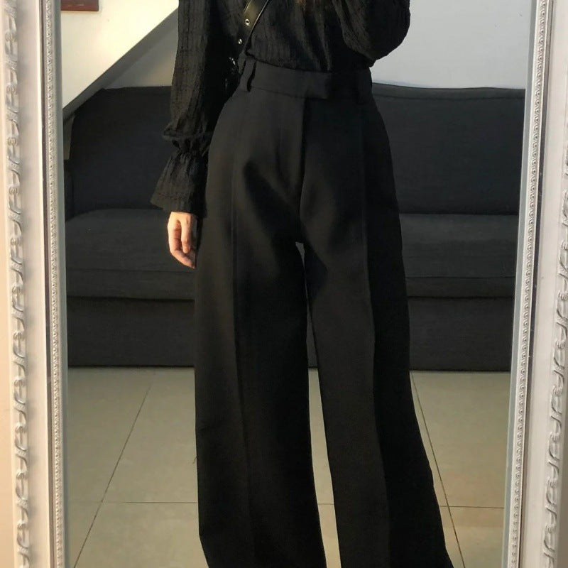 men’s outfits Yujie Style Texture Long-Sleeved Shirt Suit Women's Autumn High Waist Straight Wide-Leg Pants Elegant Black Lantern Sleeve Top