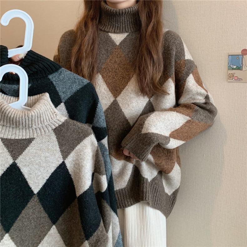 sweater Spring and Autumn New Korean Style Retro Lazy Style Diamond Plaid Color Matching Thickened Warm Loose Turtleneck Sweater for Women