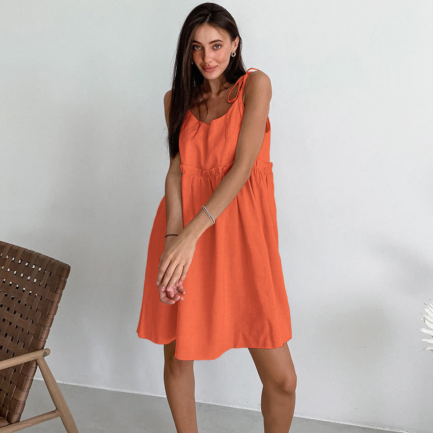 pink dress Summer New Sexy Hot Girl Sling Dress Salt Vacation Loose Cotton Linen A- line Skirt