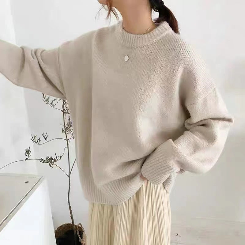 dti outfits Gray Sweater Women's Autumn and Winter Loose Retro Hong Kong Style Lazy Style round Neck Pullover Top Thick Thread Outer Wear Sweater Women