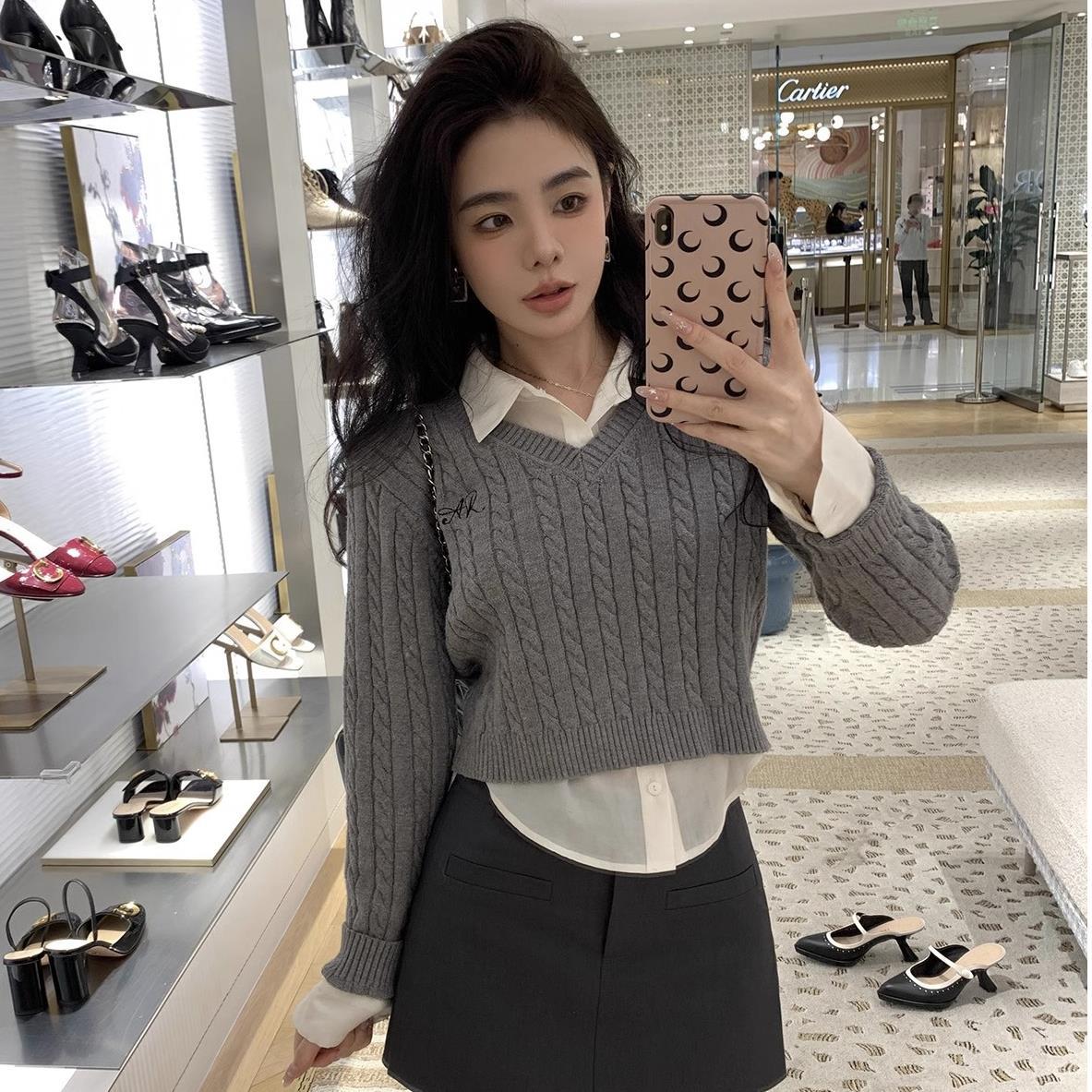 outfit ideas for school Autumn New Solid Color Long-Sleeved Sweater Short Pullover Fake Two-Piece Twist Embroidered V-neck Sweater for Women