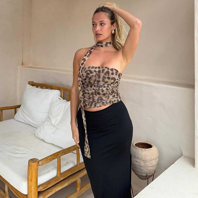 JazzHer Vintage Skirt Set For Women 2024 Spring Leopard Print Causal Suit High Waist A-Line Skirt+Halterneck Off-Shoulder Tube