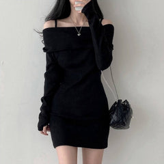 off shoulder off-Shoulder Knitted Sling Dress Women's Autumn and Winter 2024 New Pure Sexy off-Shoulder Rib Waist Hip Skirt