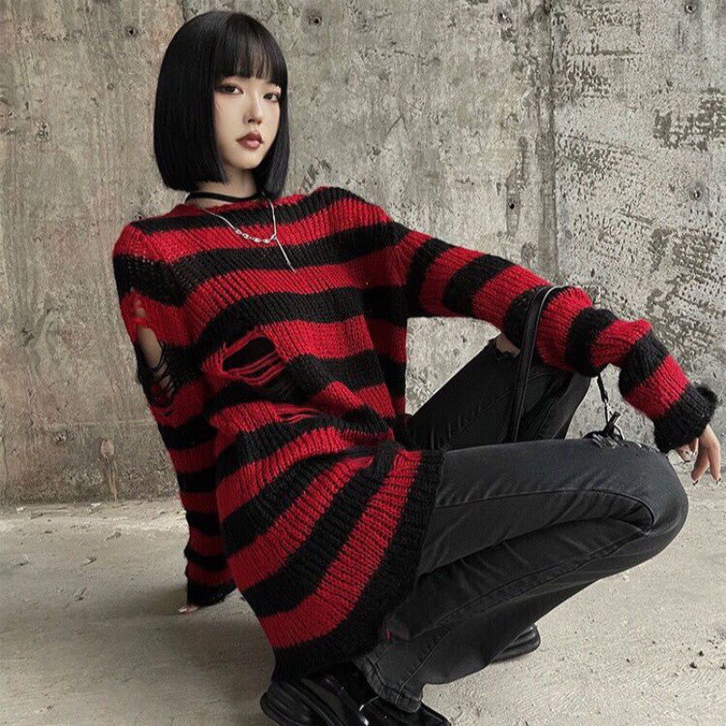 off shoulder  Ripped Ripped Mid-Length Sweater Women's Couple Striped Loose Punk Dark Sweater All-Match Sweater