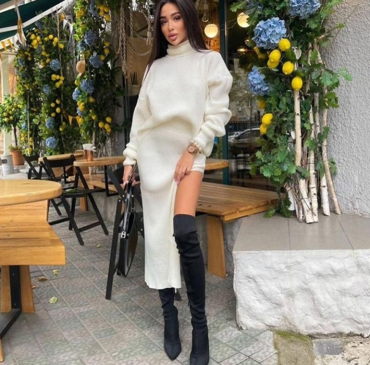 men’s fall fashion 2024 Hot Sale Autumn and Winter New Turtleneck Loose Pullover Top Split Sexy Long Skirt Two-Piece Set