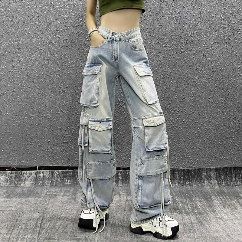 classy outfits men American Style Hip Hop Pants Multi-Pocket Heavy Industry Overalls Women's 2024 Summer High Waist Retro Straight Jeans Women